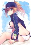 1girl artoria_pendragon_(all) ass baseball_cap bikini blonde_hair blue_eyes blue_hat blue_sky blush butt_crack clouds commentary_request covered_nipples day eyebrows_visible_through_hair fate/grand_order fate_(series) from_behind hair_between_eyes hat highres looking_at_viewer miya_ur mysterious_heroine_xx_(foreigner) outdoors parted_lips ponytail shrug_(clothing) side-tie_bikini side-tie_bottom sitting sky solo swimsuit thigh_strap white_bikini wind 