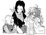  1boy 2girls :d ^_^ android_17 android_18 android_21 brother_and_sister closed_eyes closed_eyes dragon_ball dragon_ball_fighterz dragonball_z dress earrings eyebrows_visible_through_hair frown glasses greyscale happy heart highres holding holding_dress jewelry looking_at_another monochrome multiple_girls neckerchief nervous open_mouth polka_dot red_ribbon_army short_hair siblings simple_background smile sweatdrop tama_azusa_hatsu twins twitter_username upper_body white_background 
