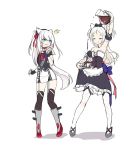  2girls :3 animal_ears armpits azur_lane black_legwear boots bow breasts cat_ears chocolate cleavage commentary corset cosplay costume_switch cup eyebrows_visible_through_hair fingerless_gloves full_body gloves hair_bow hair_ribbon hairband hammann_(azur_lane) kaede_(003591163) long_hair looking_at_another maid multiple_girls overflow pantyhose pencil_skirt pitcher pouring ribbon saucer siblings sims_(azur_lane) sisters skirt small_breasts smug standing surprised sweatdrop teacup thigh-highs two_side_up very_long_hair white_background white_hair white_legwear 