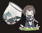  1boy 1girl asama_(fire_emblem_if) blue_hair brown_hair butterfly_net chibi ddomy_pangin fire_emblem fire_emblem_if flower grass hand_net headband japanese_clothes leaf leaf_on_head nintendo rosary setsuna_(fire_emblem_if) sleeping smile walking 