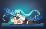  1girl absurdres aqua_eyes aqua_hair black_footwear boots detached_sleeves floating_hair full_body hatsune_miku headphones highres hpb8642 long_hair looking_at_viewer lying musical_note number_tattoo on_side skirt smile solo tattoo thigh-highs thigh_boots twintails very_long_hair vocaloid 