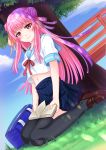  1girl bag bench black_legwear blue_skirt blue_sky book bookbag brown_footwear day double_bun dutch_angle full_body grass highres holding holding_book loafers long_hair midriff moe2019 navel open_book original outdoors pink_eyes school_uniform shirotsuki_renge shoes short_sleeves sidelocks sitting skirt sky smile solo thigh-highs tree very_long_hair wariza 