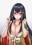  1girl absurdres breasts brown_hair cleavage dress fate/grand_order fate_(series) highres japanese_clothes kimono large_breasts long_hair long_sleeves looking_at_viewer murasaki_shikibu_(fate) solo uchida_shou very_long_hair violet_eyes 