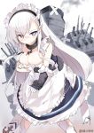  1girl apron azur_lane bangs belfast_(azur_lane) blush braid breasts chains choker cleavage collar corset eyebrows_visible_through_hair french_braid frilled_apron frilled_gloves frills gloves hair_between_eyes highres large_breasts long_hair looking_at_viewer maid maid_apron maid_headdress senhappyaku silver_hair solo waist_apron white_apron white_gloves white_hair 