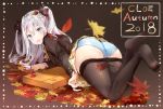  1girl 2018 ass autumn_leaves bag bangs black_legwear black_ribbon blazer blue_eyes blue_panties blush bow bowtie braid brown_jacket commentary_request crotch_seam embarrassed eyebrows_visible_through_hair feet_up hair_between_eyes hair_ribbon highres jacket legs_up long_hair long_sleeves looking_at_viewer looking_back no_shoes on_ground open_mouth original panties pantyhose pantyhose_pull pleated_skirt ribbon school_bag shirt sidelocks silver_hair skirt skirt_lift solo thighband_pantyhose two_side_up underwear white_shirt yellow_neckwear yellow_skirt yoshida_iyo 