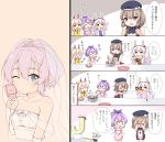  0_0 4girls 4koma :d :t @_@ ^_^ anchor_symbol animal_ears apron arm_up ayanami_(azur_lane) azur_lane bangs bare_shoulders beret black_dress black_hat blush bottle bow brown_hair chibi chocolate closed_eyes closed_eyes closed_mouth comic commander_(azur_lane) commentary_request dress drinking eating eyebrows_visible_through_hair food fork hair_between_eyes hair_bow hat highres holding holding_bottle holding_fork iron_cross jacket javelin_(azur_lane) laffey_(azur_lane) light_brown_hair long_hair marshmallow mixing_bowl multiple_girls nose_blush o_o open_clothes open_jacket open_mouth outstretched_arm peaked_cap pink_apron pink_jacket purple_hair rabbit_ears silver_hair sleeveless sleeveless_dress smile spatula striped striped_bow twintails u2_(5798239) v-shaped_eyebrows very_long_hair violet_eyes wavy_mouth white_bow white_hat white_jacket yellow_apron z23_(azur_lane) 