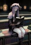  1girl absurdres bangs bonnet book book_stack bookshelf boots dress highres jittsu long_hair looking_at_viewer open_book pantyhose patchouli_knowledge purple_hair sitting solo touhou violet_eyes white_legwear 
