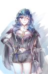  1girl armor blue_eyes blue_hair breasts byleth cape fire_emblem fire_emblem:_three_houses highres liefe long_hair looking_at_viewer medium_breasts navel nintendo one_eye_closed simple_background smile solo standing uniform white_background 