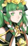  1girl cape dragon fire_emblem fire_emblem:_three_houses gem green_eyes green_hair jewelry long_hair looking_at_viewer mamkute nintendo nosema pointy_ears rem_sora410 simple_background smile solo sothis tiara white_background 