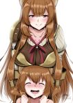 2girls ^_^ ^o^ animal_ears astraea_(atelierastraea) bangs blunt_bangs blush breast_rest breasts brown_hair chest_tattoo closed_eyes closed_eyes happy highres large_breasts long_hair multiple_girls open_mouth raccoon_ears raphtalia red_ribbon ribbon saliva smile tate_no_yuusha_no_nariagari tattoo violet_eyes 