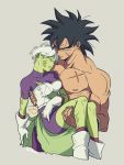  1boy 1girl armor black_hair boots broken_armor broly_(dragon_ball_super) carrying chirai closed_eyes crying crying_with_eyes_open dirty dirty_clothes dirty_face dragon_ball dragon_ball_super dragon_ball_super_broly female fingernails gloves grey_background highres injury looking_at_viewer muscle nipples no_humans scar shaded_face shirtless short_hair simple_background tama_azusa_hatsu tears twitter_username white_gloves white_hair yellow_eyes 