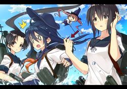  3girls akatsuki_(kantai_collection) anchor_symbol ayanami_(kantai_collection) black_eyes black_hair black_sailor_collar blue_hat blue_sailor_collar blue_sky brown_eyes brown_hair clouds day directional_arrow flat_cap fubuki_(kantai_collection) hat kantai_collection long_hair low_ponytail machinery majokko_(kantai_collection) minoinomi multiple_girls neckerchief outdoors ponytail red_neckwear remodel_(kantai_collection) sailor_collar school_uniform serafuku short_ponytail sidelocks sky smokestack splashing tears torpedo torpedo_launcher upper_body water 