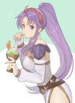  1girl bridal_gauntlets cup dress drinking drinking_glass drinking_straw fire_emblem fire_emblem:_seisen_no_keifu fire_emblem_heroes from_side highres kyufe long_hair looking_to_the_side nintendo ponytail purple_hair side_slit simple_background solo tiltyu_(fire_emblem) violet_eyes 