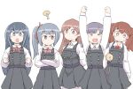  ? arashio_(kantai_collection) arms_behind_back arms_up asashio_(kantai_collection) asashio_(kantai_collection)_(cosplay) black_eyes black_hair brown_eyes brown_hair clenched_hands closed_eyes cosplay crossed_arms dress enjaku_izuku frown hair_ribbon highres kantai_collection kasumi_(kantai_collection) long_hair magatama neck_ribbon odd_one_out ooshio_(kantai_collection) open_mouth pinafore_dress remodel_(kantai_collection) ribbon ryuujou_(kantai_collection) side_ponytail silver_hair smile sweatdrop twintails 