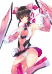  1girl armor bangs bare_shoulders black_hair blunt_bangs breasts commentary_request covered_navel elbow_gloves gauntlets gloves hair_ornament headgear highres leotard long_hair looking_at_viewer nagayori pink_eyes pink_legwear senki_zesshou_symphogear shiny shiny_clothes shiny_hair shiny_skin simple_background skirt small_breasts solo standing thigh-highs tsukuyomi_shirabe twintails white_background yo-yo 