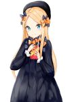  1girl abigail_williams_(fate/grand_order) absurdres bangs black_bow black_dress black_hat blonde_hair blue_eyes blush bow box closed_mouth commentary_request dress eyebrows_visible_through_hair fate/grand_order fate_(series) forehead gift gift_box hair_bow hat highres holding holding_gift long_hair long_sleeves orange_bow parted_bangs polka_dot polka_dot_bow simple_background sleeves_past_wrists smile solo valentine very_long_hair white_background yukaa 