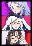  3girls bangs bespectacled black_hair blue_eyes blue_hair blush braid brynhildr_(fate) caster commentary_request eyebrows_visible_through_hair facial_mark fate/grand_order fate_(series) glasses hand_on_eyewear horns long_hair looking_at_viewer meiji_ken multiple_girls open_mouth pink_background pointy_ears portrait purple_background red_background sesshouin_kiara shadow side_braid sweat violet_eyes yellow_eyes 