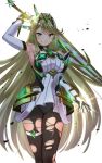  1girl aqua_background arm_up armor armpits backlighting bangs black_legwear blonde_hair blush breasts closed_mouth diffraction_spikes dress elbow_gloves faulds feet_out_of_frame floating_hair gloves glowing gradient gradient_background headgear mythra_(xenoblade) holding holding_sword holding_weapon large_breasts legs_together long_hair looking_at_viewer nintendo ooshima_aki panties panties_under_pantyhose pantyhose sidelocks sleeveless sleeveless_dress smile solo standing super_smash_bros. super_smash_bros._ultimate sword thigh_strap torn_clothes torn_legwear underwear v-shaped_eyebrows very_long_hair weapon white_dress white_gloves white_panties xenoblade_(series) xenoblade_2 yellow_eyes 