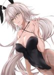1girl ahoge animal_ears bangs bare_arms bare_shoulders black_bunny_ears black_leotard breasts brown_eyes bunny_ears bunny_girl bunnysuit cleavage collarbone commentary_request covered_navel criss-cross_halter dutch_angle eyebrows_visible_through_hair fate/grand_order fate_(series) fishnet_pantyhose fishnets hair_between_eyes halterneck highres jeanne_d&#039;arc_(alter)_(fate) jeanne_d&#039;arc_(fate)_(all) large_breasts leotard long_hair no_bra no_panties no_underwear pantyhose parted_lips rabbit_ears silver_eyebrows silver_hair simple_background smile solo very_long_hair white_background yuki_maccha_(yukimattya10)