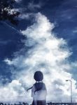  1girl absurdres amenomori_howa blue clouds from_behind highres lamppost light_particles original scenery school_uniform serafuku sky solo tree twintails wind 