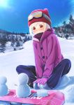  1girl abo_(kawatasyunnnosukesabu) bare_tree beanie black_pants blush butterfly_sitting commentary_request day feet_together gloves goggles goggles_on_head hands_on_feet hat highres original outdoors pants pine_tree purple_coat purple_gloves red_eyes red_hat shoes sitting_on_ground smile snow snowboard snowman solo tree white_hair winter winter_clothes 