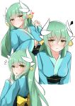  1girl :t absurdres bangs blue_kimono blush bow breasts closed_mouth dragon_horns eyebrows_visible_through_hair fate/grand_order fate_(series) green_hair hair_between_eyes hand_up heart highres horns japanese_clothes kimono kiyohime_(fate/grand_order) long_hair long_sleeves moyoron multiple_views notice_lines obi open_mouth pout sash simple_background sleeves_past_wrists small_breasts smile squiggle very_long_hair white_background wide_sleeves yellow_bow yellow_eyes 