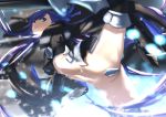  1girl ass bangs crotch_plate eyebrows_visible_through_hair fate/extra fate/extra_ccc fate_(series) greaves grin groin hair_ribbon highres long_hair meltlilith navel purple_hair ribbon sleeves_past_wrists smile solo spread_legs tsuuhan violet_eyes 