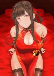  1girl absurdres ahoge bangs bare_shoulders blunt_bangs blush breasts brown_hair china_dress chinese_clothes cleavage cleavage_cutout closed_mouth dress dsr-50_(girls_frontline) eyebrows_visible_through_hair flower girls_frontline hair_flower hair_ornament head_tilt highres large_breasts long_hair looking_at_viewer red_dress red_eyes sam_(metalibon) sidelocks sitting smile solo thighs very_long_hair 