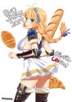  1girl armor ass blonde_hair blue_eyes blush braid bread breasts cleavage food green_eyes jewelry large_breasts long_hair panties single_braid solo sophitia_alexandra soul_calibur soulcalibur_vi tongue tongue_out translation_request underwear white_background yamazaki_(now_printing) 