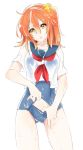  1girl blue_sailor_collar blue_swimsuit collarbone cowboy_shot fate/grand_order fate_(series) fujimaru_ritsuka_(female) hair_between_eyes hair_ornament hair_scrunchie head_tilt long_hair looking_at_viewer neckerchief old_school_swimsuit orange_hair parted_lips red_neckwear sailor_collar school_swimsuit scrunchie shino-o shirt short_sleeves side_ponytail simple_background solo standing swimsuit thigh_gap w wet wet_clothes wet_shirt white_background white_shirt yellow_eyes yellow_scrunchie 