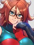  1girl android_21 black_gloves blue_dress blue_eyes breasts checkered checkered_dress close-up dragon_ball dragon_ball_fighterz dress earrings elbow_gloves face glasses gloves grey_background hand_on_own_cheek head_tilt hoop_earrings huge_breasts jewelry light_smile long_hair looking_at_viewer red_dress redhead simple_background single_glove sleeveless sleeveless_dress smile solo spiky_hair st62svnexilf2p9 two-tone_dress upper_body 