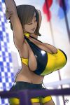  1girl 2019 armpits arms_up asymmetrical_hair aurahack bike_shorts black_lipstick breasts brown_hair bursting_breasts choker cleavage closed_eyes commentary dark_skin english_commentary halterneck highres huge_breasts lipstick makeup midriff miniskirt original pleated_skirt racequeen sagging_breasts short_hair shorts shorts_under_skirt sideboob signature skindentation skirt soft_focus solo stretch very_dark_skin yellow_choker 