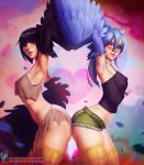   2019 2girls alternate_hair_length alternate_hairstyle armpits ass-to-ass black_hair black_wings blue_eyes blue_hair blue_wings blush breasts camisole commentary covered_nipples cowboy_shot crossover dark_souls_iii dated english_commentary feathered_wings feathers georgy_stacker hair_between_eyes harpy heart highres licking_lips long_hair looking_at_viewer monster_girl monster_musume_no_iru_nichijou multiple_girls one_eye_closed papi_(monster_musume) parted_lips pickle_pee_pump-a-rum_crow short_hair short_shorts shorts signature small_breasts souls_(from_software) tongue tongue_out trait_connection watermark web_address winged_arms wings yellow_eyes 