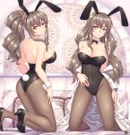  2girls animal_ears arms_at_sides ass bangs bare_arms bare_shoulders bed bed_frame bed_sheet black_bow black_footwear black_hairband black_leotard black_neckwear bow bowtie breasts brown_legwear bunny_tail bunnysuit character_request closed_mouth commentary_request covered_navel dated detached_collar eyebrows_visible_through_hair fake_animal_ears fake_tail from_behind futaba_rio glasses hair_ornament hair_scrunchie hairband hand_on_own_stomach hand_on_own_thigh head_tilt high_heels high_ponytail highleg highleg_leotard kneeling large_breasts leotard light_frown long_hair long_sleeves looking_at_viewer looking_back multiple_girls off_shoulder on_bed open_clothes open_shirt pantyhose parted_lips pillow rabbit_ears rimless_eyewear scrunchie seishun_buta_yarou shirt shoulder_blades sideboob strapless strapless_leotard tail wavy_hair white_shirt wrist_cuffs yellow_eyes zerg309 