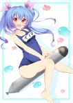  1girl :d aqua_border arched_back ashino bangs bare_arms bare_legs bare_shoulders barefoot blunt_bangs blush breasts character_name collarbone commentary_request dot_nose fang hair_between_eyes head_tilt i-19_(kantai_collection) kantai_collection legs light_blue_hair long_hair looking_at_viewer name_tag open_mouth outside_border red_eyes smile solo straddling 