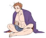  1boy abs bare_chest barefoot closed_mouth gogya iwatooshi kimono_over_shoulders male_focus male_swimwear navel no_nipples orange_hair red_eyes sharp_teeth sharp_toenails simple_background sitting sleepy solo swimwear teeth toenails touken_ranbu white_background 