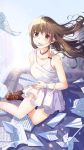  1girl :o absurdres breasts brown_eyes brown_hair dress error highres jewelry long_hair necklace original paper_airplane papers penny_loafers pinwheel shadow sheet_music shoes_removed small_breasts solo white_dress 