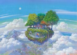  above_clouds acrylic_paint_(medium) bird blue_sky clouds commentary_request day door fantasy fisheye floating_island flower full_moon gate grass horizon house moon mountain no_humans original river scenery shiraishi_takashi sky stone_wall streamers table traditional_media tree umbrella walkway wall water waterfall wooden_door 