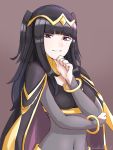  1girl black_hair bracelet bridal_gauntlets cape fire_emblem fire_emblem:_kakusei grimmelsdathird highres jewelry long_hair nintendo simple_background solo tharja tiara twintails twitter_username upper_body violet_eyes 