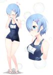  1girl 714_(leg200kr) bare_arms bare_legs bare_shoulders blue_eyes blue_hair blue_swimsuit blush breasts bubble commentary_request dot_nose hair_ornament hair_over_one_eye hand_on_own_face heart medium_breasts re:zero_kara_hajimeru_isekai_seikatsu rem_(re:zero) sandals school_swimsuit short_hair smile solo standing swimsuit translated x_hair_ornament 