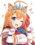  1girl ;d ahoge animal_ear_fluff animal_ears ascot bangs blue_eyes blush bow breasts cleavage collared_shirt commentary_request eyebrows_visible_through_hair gloves hair_between_eyes hair_ribbon hands_up highres kemonomimi_mode medium_breasts one_eye_closed open_mouth orange_hair paw_pose pecorine princess_connect! princess_connect!_re:dive puffy_short_sleeves puffy_sleeves red_neckwear red_ribbon ribbon shirt short_sleeves simple_background smile solo star tiara tomo_(user_hes4085) upper_body upper_teeth white_background white_gloves yellow_bow 
