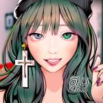  1girl asian bangs black_hat blurry blurry_background chromatic_aberration commentary cross cross_earrings dated earrings engrish_commentary exid eyebrows_behind_hair eyelashes eyes green_eyes green_hair half-closed_eyes hand_up hani_(exid) hat heterochromia jewelry korean lips long_hair looking_at_viewer nail_polish pink_nails portrait rangsiwut_sangwatsharakul realistic ribbed_hat solo tongue tongue_out upper_teeth wavy_hair 