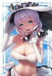  1girl :d amamami_prime azur_lane bikini blue_eyes blush breasts cleavage commentary_request dress elbow_gloves erect_nipples eyebrows_visible_through_hair floating_hair gloves hair_ribbon hat highres holding illustrious_(azur_lane) large_breasts long_hair low_ponytail mole mole_under_eye navel open_mouth paper_airplane ribbon sidelocks smile solo strapless strapless_dress sun_hat swimsuit tress_ribbon tri_tails very_long_hair water white_bikini white_gloves white_hair white_hat 