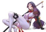 1girl black_gloves bodysuit breasts collar fate/grand_order fate_(series) frilled_collar frills gauntlets gloves juu_roku_gen katana large_breasts long_hair looking_at_viewer low-tied_long_hair minamoto_no_raikou_(fate/grand_order) parted_lips purple_hair sheath sheathed simple_background sitting solo sword tabard tassel violet_eyes weapon white_background 