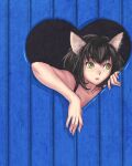  1girl animal_ear_fluff animal_ears bangs bare_arms bare_shoulders black_hair cat_ears collarbone eyebrows_visible_through_hair fingernails heart heart-shaped_hole looking_away looking_to_the_side original pink_lips short_hair solo yellow_eyes yuccoshi 