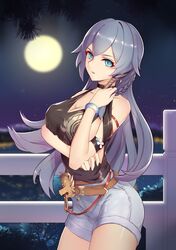  1girl adjusting_hair armlet bangle bare_shoulders belt black_shirt blue_eyes bracelet braid breasts cleavage commentary_request cowboy_shot denim denim_shorts fireflies fu_hua full_moon hair_between_eyes highres honkai_(series) honkai_impact_3 jewelry liu_lan long_hair looking_at_viewer medium_breasts moon night night_sky outdoors parted_lips purple_hair shirt shorts single_braid sky sleeveless sleeveless_shirt solo standing 