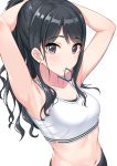  1girl adjusting_hair armpits arms_behind_head arms_up bare_arms bare_shoulders black_hair black_shorts breasts collarbone crop_top earrings grey_eyes hair_tie hair_tie_in_mouth idolmaster idolmaster_shiny_colors jewelry kazano_hiori long_hair looking_at_viewer midriff mole mole_under_mouth mouth_hold navel ponytail shirt shorts sidelocks simple_background sleeveless sleeveless_shirt small_breasts solo stomach tamakaga upper_body wavy_hair white_background white_shirt 
