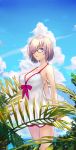  1girl arms_behind_back bare_legs bow breasts cleavage clouds cloudy_sky cowboy_shot day eyebrows_visible_through_hair fate/grand_order fate_(series) glasses hair_over_one_eye hands_together juu_roku_gen large_breasts lavender_hair looking_at_viewer mash_kyrielight ocean one-piece_swimsuit parted_lips plant short_hair sky sleeveless solo swimsuit swimsuit_of_perpetual_summer violet_eyes white_swimsuit 
