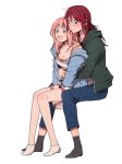  2girls :d bang_dream! bangs black_legwear blue_eyes blue_jacket blue_pants blush breasts camisole cleavage denim frown green_eyes green_jacket hair_down hood hood_down hooded_jacket hug hug_from_behind invisible_chair jacket jeans long_hair multiple_girls open_mouth pants pink_hair re_ghotion redhead shirt shorts simple_background sitting smile socks spaghetti_strap strap_slip udagawa_tomoe uehara_himari white_background white_legwear white_shirt 