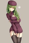  1girl alternate_costume bangs beret black_legwear black_panties blush breasts c.c. cleavage cleavage_cutout code_geass covering covering_crotch dress eyebrows_visible_through_hair frown garter_straps green_hair grey_background hand_on_own_arm hat highres long_hair long_sleeves looking_at_viewer lucky_keai medium_breasts meme_attire nose_blush open-chest_sweater panties pantyshot pantyshot_(standing) purple_hat purple_sweater simple_background sleeves_past_wrists solo squiggle standing sweater sweater_dress thigh-highs thigh_gap twitter_username underwear wavy_mouth yellow_eyes 